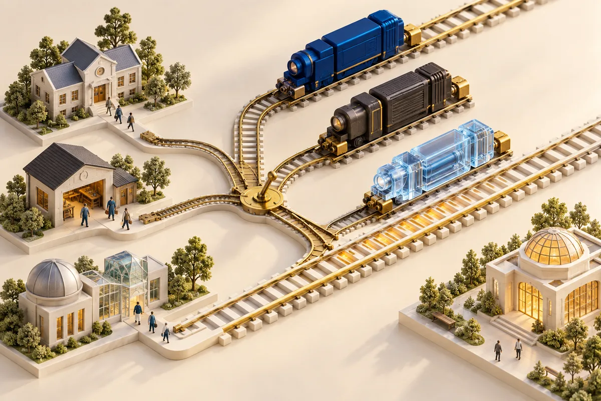Schools, workshops and researchers share a common track connected to three interchangeable engines through an open routing junction.