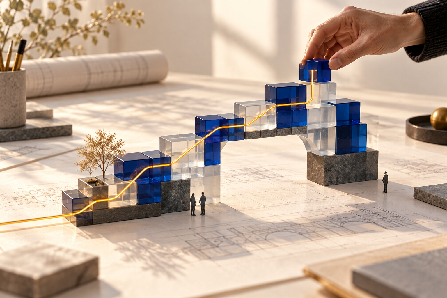 Cobalt and glass building blocks form a bridge traced by an amber path, illustrating purposeful construction with AI.
